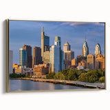 Framed canvas featuring a vintage poster art of Philadelphia landscape in black and gold tones, ideal for bedroom wall art.