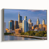 Framed canvas of a vintage-style Philadelphia landscape in colorful art tones, ideal for living room decor.