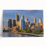 Black and white large art of Philadelphia skyline on stretched canvas, ideal for kitchen wall art or bedroom.