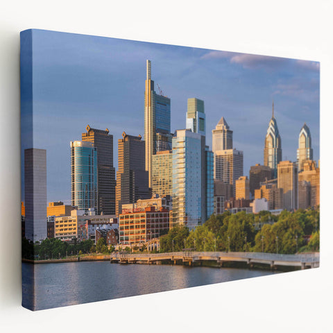 Philadelphia skyline in muted gray and blue tones on stretched canvas, ideal for kitchen wall art.