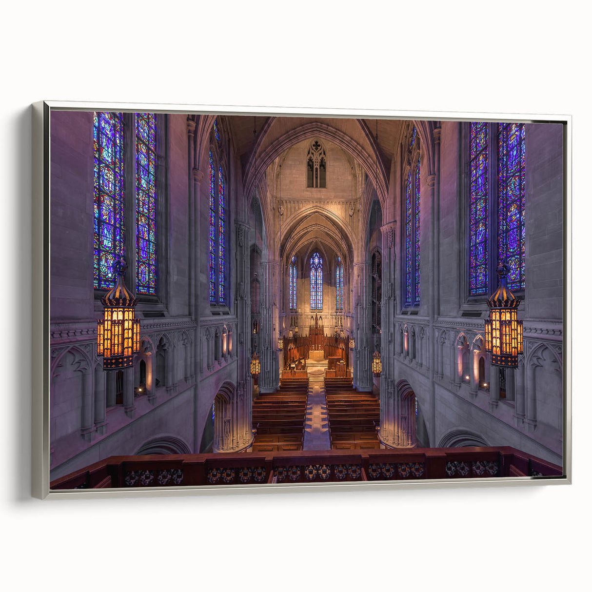 Framed canvas landscape art of Pittsburgh with colorful palette and black vintage poster style, ideal for office decor.