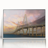 Art Deco style poster of Charleston, South Carolina, in muted pastel colors on white framed acrylic.