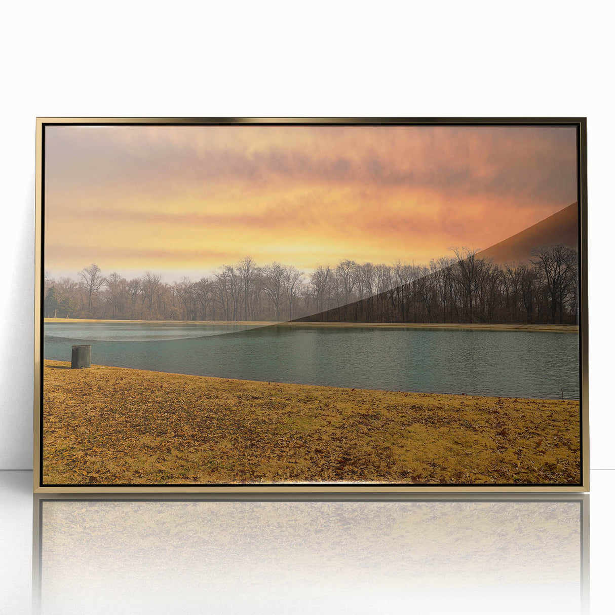 Mid-century modernist Memphis skyline in gold and blue tones on framed acrylic, suitable for modern art wall decor.