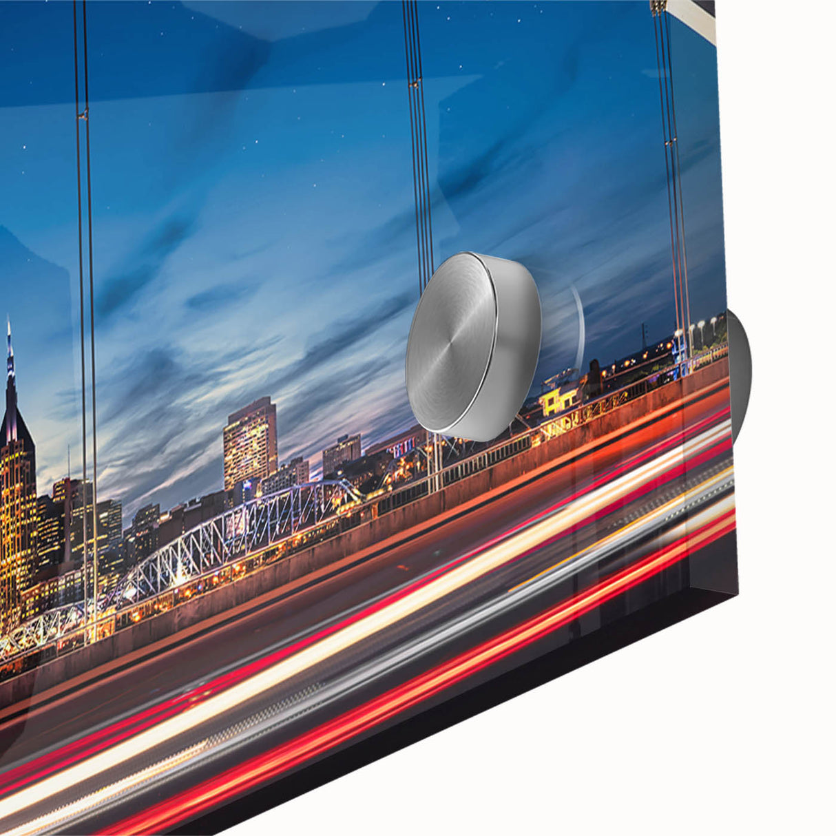 Large abstract wall art of Nashville skyline in muted gray tones on acrylic glass, ideal for dining room ambiance.