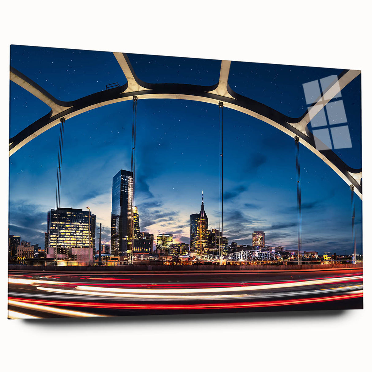 Acrylic print of Nashville skyline in muted gray tones, suitable for bedroom or dining room art.