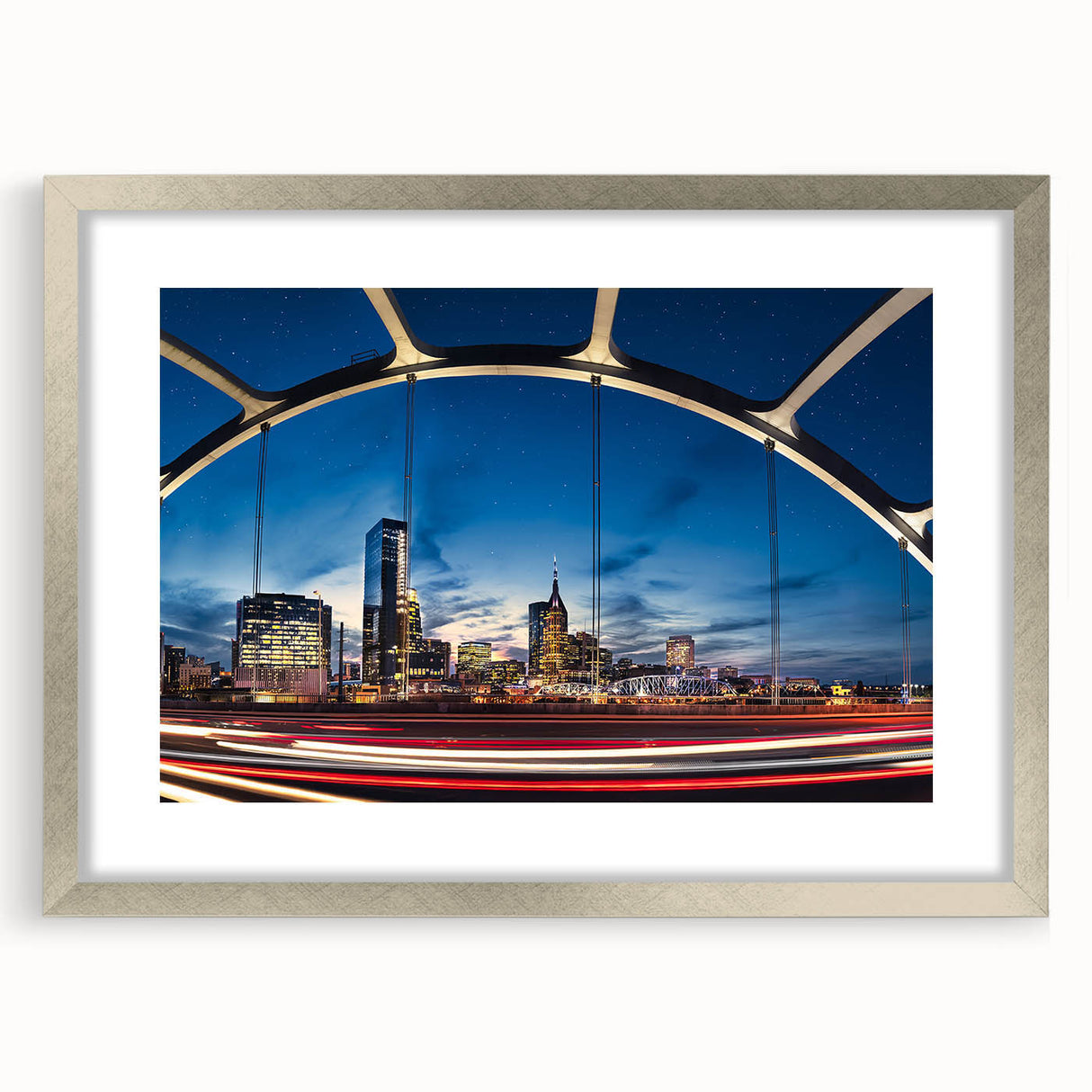 Textured abstract art print of Nashville skyline in muted gray tones on framed canvas, suitable for bedroom decor.