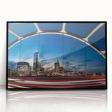 Large abstract wall art depicting Nashville skyline in muted gray tones on black framed acrylic.