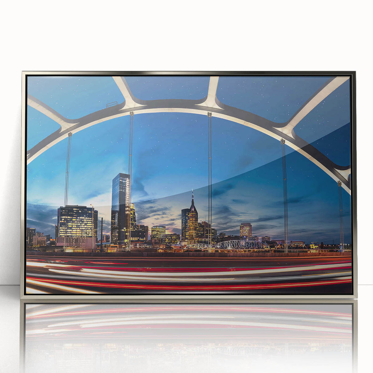 Framed acrylic print of Nashville skyline in muted gray and blue tones, ideal for modern art wall decor.