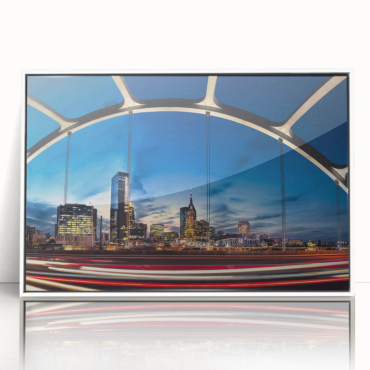 Acrylic print of Nashville skyline in muted gray and blue tones, styled in art deco.