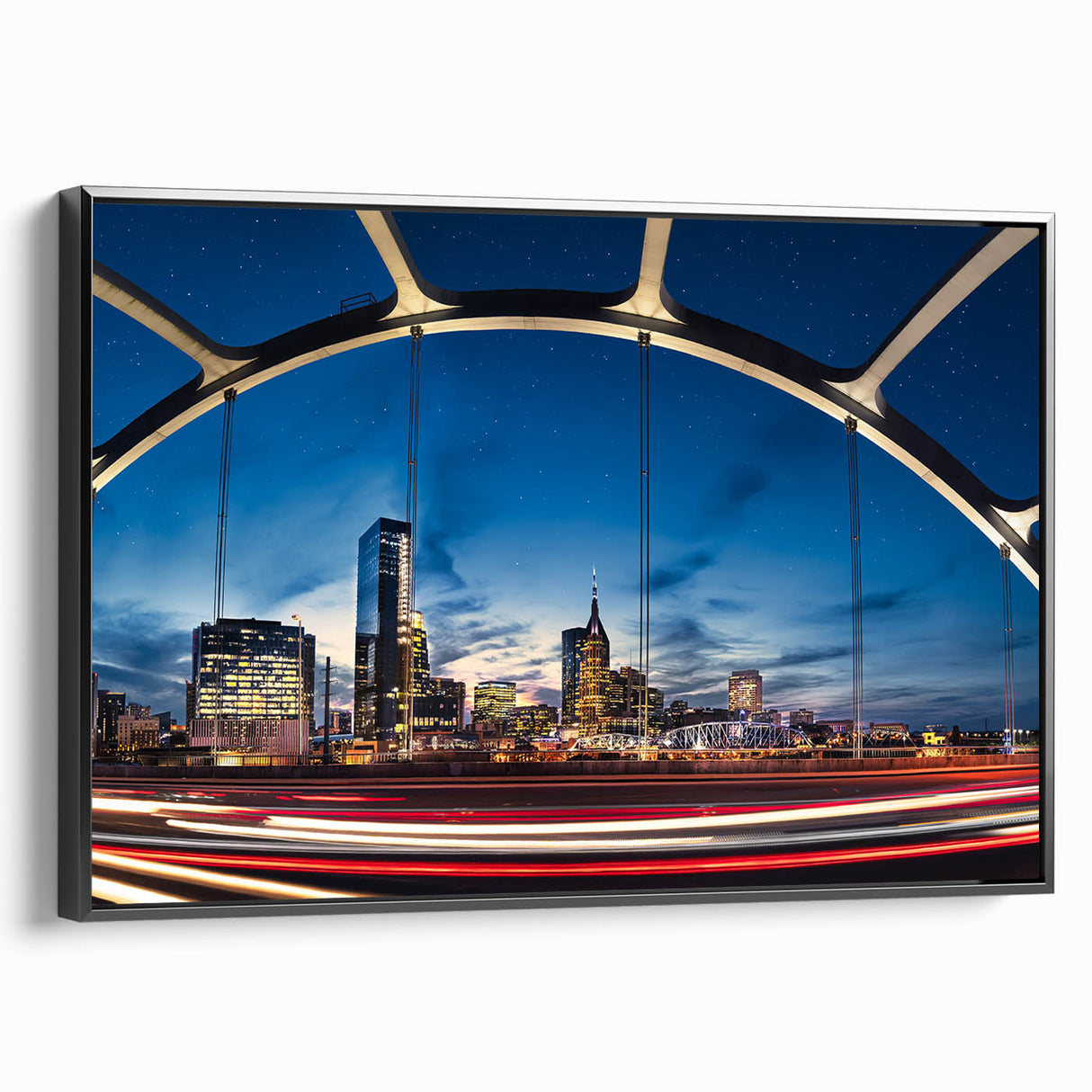 Black and white framed canvas of Nashville skyline, ideal for bedroom wall art with a vintage poster art style.