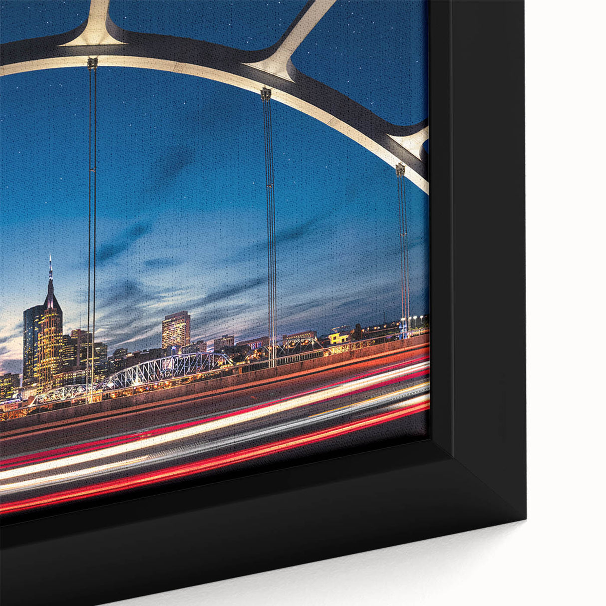 Extra large framed canvas of a textured Nashville skyline in black with colorful accents, ideal for living room decor.