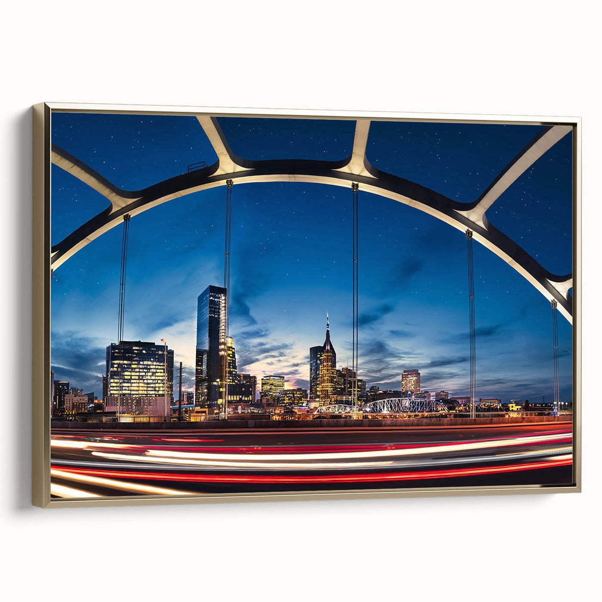 Framed canvas of Nashville landscape in muted gold and black tones, ideal for bedroom wall art.