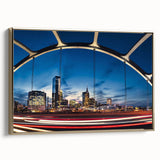 Framed canvas of Nashville landscape in muted gold and black tones, ideal for bedroom wall art.