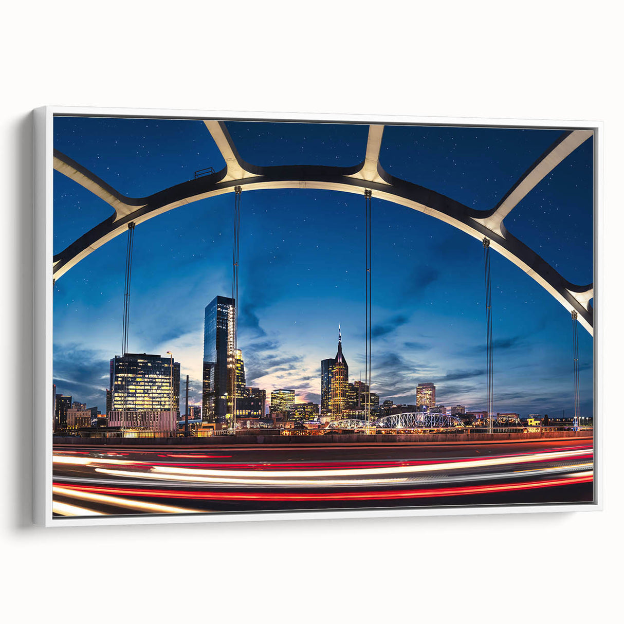 Vintage poster art of Nashville skyline in colorful hues on extra large framed canvas, suitable for living room decor.