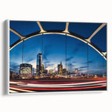Vintage poster art of Nashville skyline in colorful hues on extra large framed canvas, suitable for living room decor.