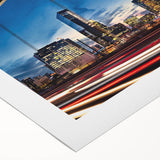 Art deco poster of Nashville skyline in muted gold and blue tones on rolled canvas, suitable for dining room decor.