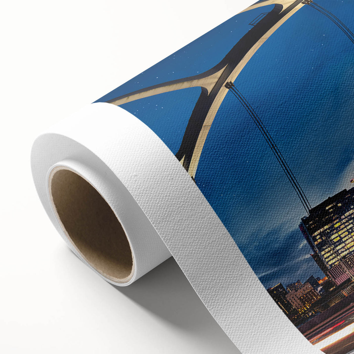 Art deco style poster of Nashville skyline in muted blue and gold tones on rolled canvas, ideal for nursery wall art.