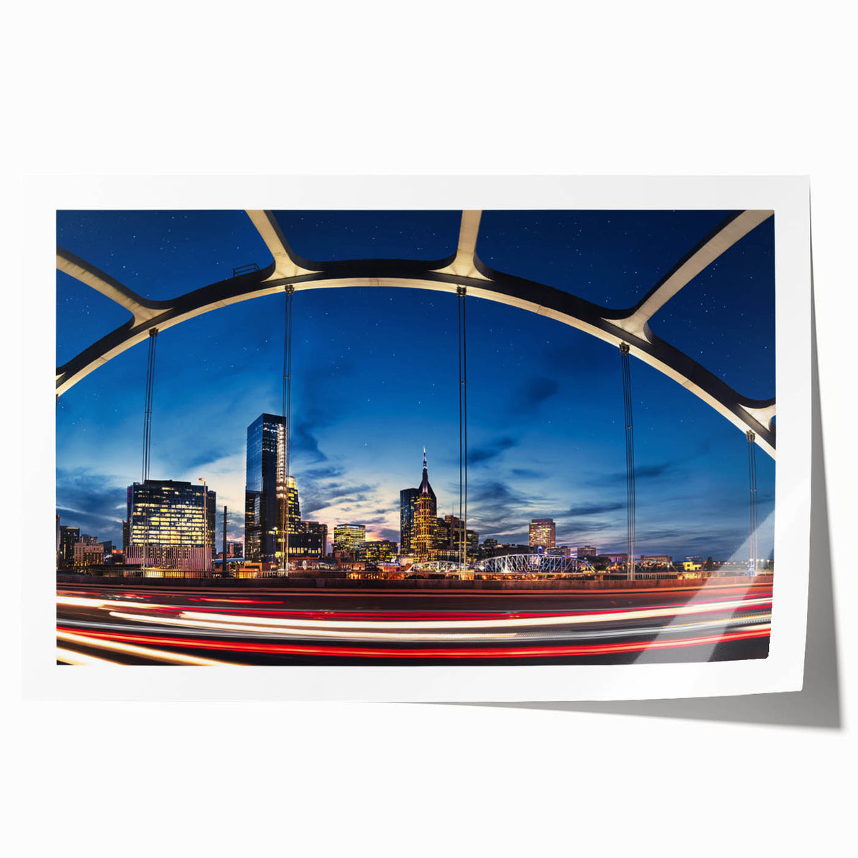 Rolled print of Nashville skyline with pastel shades, ideal for art wall dining room.