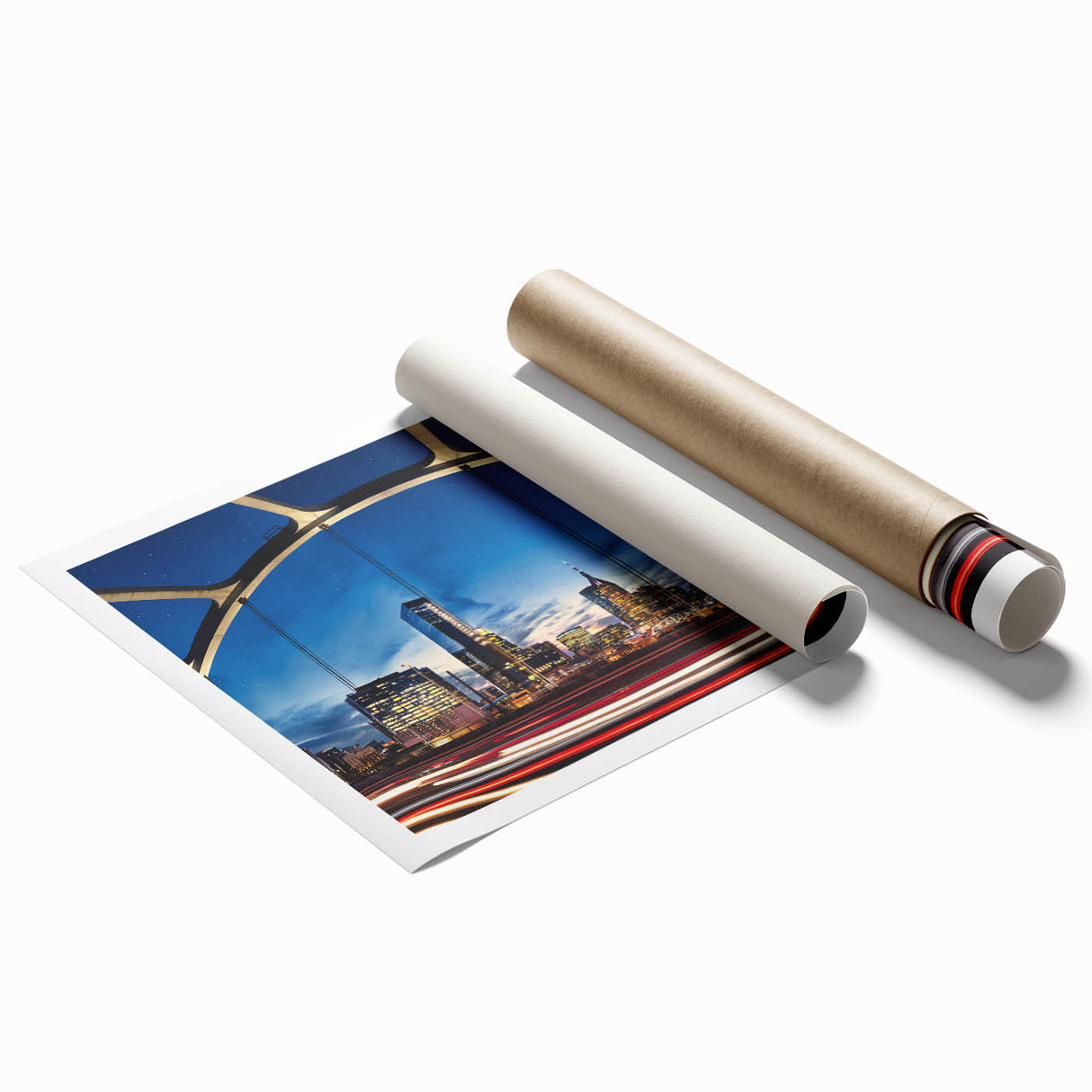 Rolled print of Nashville skyline in muted grays and blues, ideal for classy bathroom wall art.