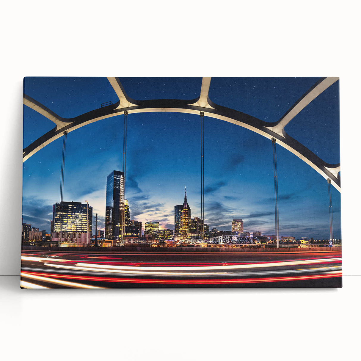 Black and white stretched canvas of Nashville skyline, ideal for kitchen wall art or bedroom ambiance.