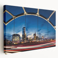 Large canvas print of the Nashville skyline in muted gray and blue tones, suitable for kitchen wall art.