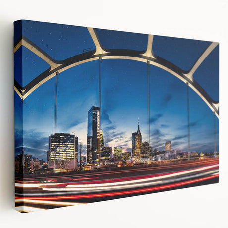 Large canvas print of the Nashville skyline in muted gray and blue tones, suitable for kitchen wall art.