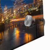 Large abstract wall art of Austin, Texas in muted blue and green tones on acrylic glass.