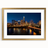 Extra large abstract art print of Austin, Texas, with textured details in gold frame, suited for living room decor.