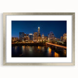 Textured abstract art print of Austin skyline in muted earth tones, framed in silver, ideal for bedroom art.