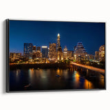 Framed canvas of a black and white Austin, Texas landscape, ideal for bedroom wall art.
