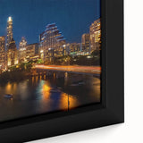 Extra large framed canvas of a textured Austin, Texas skyline with black and colorful art elements.