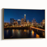 Framed canvas of Austin, Texas skyline in black and gold tones, ideal for bedroom wall decor.