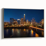 Landscape art painting of Austin, Texas skyline in colorful hues on a framed canvas, ideal for modern living room decor.