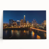 Black and white stretched canvas of Austin, Texas skyline, suited for kitchen wall art or bedroom decor.