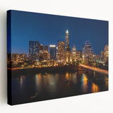 Austin, Texas skyline depicted in muted earth tones on a large stretched canvas, suitable for kitchen wall art.