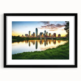 Extra large abstract art print of Dallas skyline in vibrant, colorful hues on a textured canvas, framed in black.