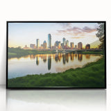 Large abstract wall art of Dallas skyline in black and white, framed acrylic, ideal for modern art wall decor.