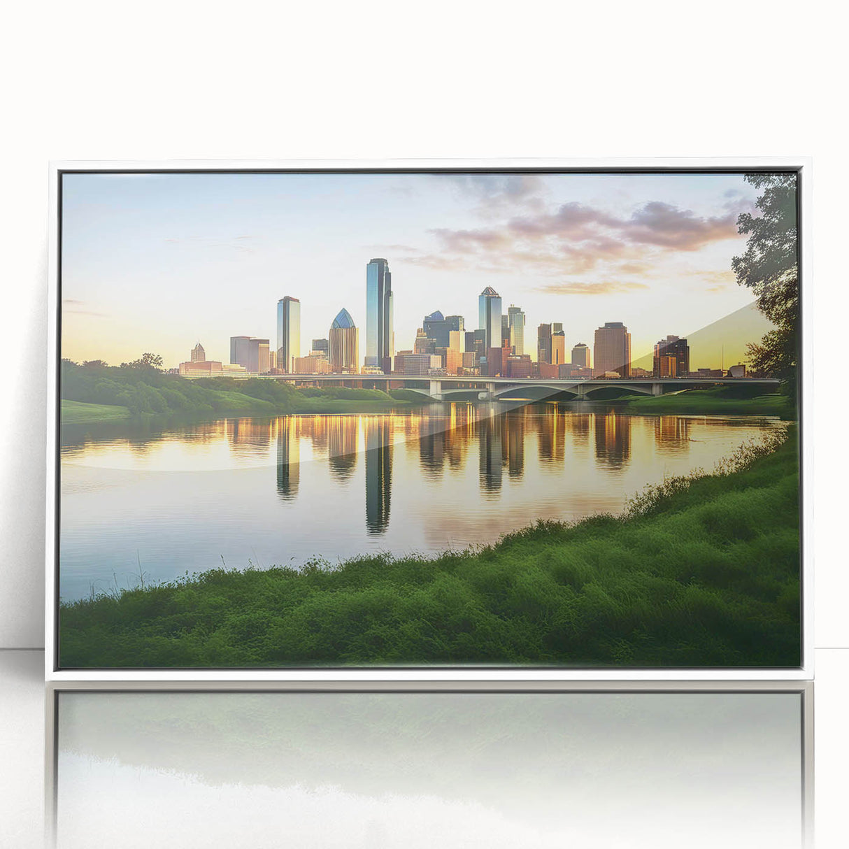 Framed acrylic print of Dallas skyline in art deco style, featuring cool gray and blue tones.