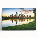 Black and white stretched canvas featuring a large Dallas skyline, ideal for kitchen wall art or bedroom decor.