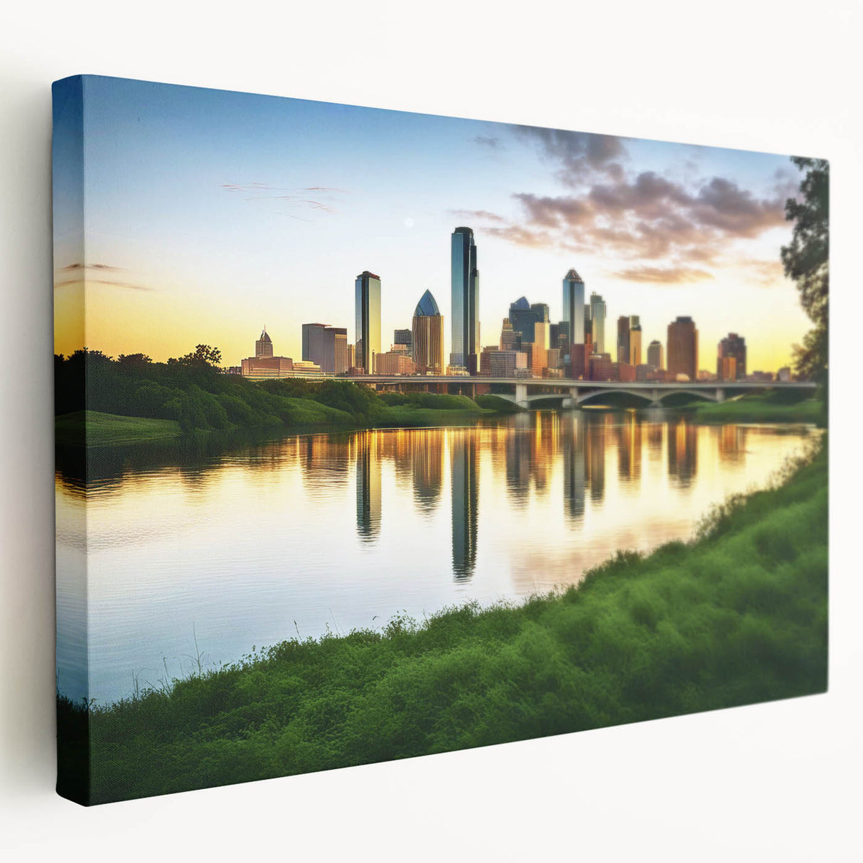 Dallas skyline depicted in muted earth tones on a large stretched canvas, suitable for kitchen wall art.