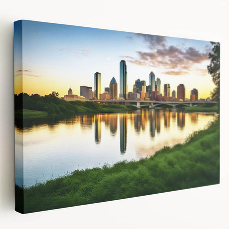 Dallas skyline depicted in muted earth tones on a large stretched canvas, suitable for kitchen wall art.