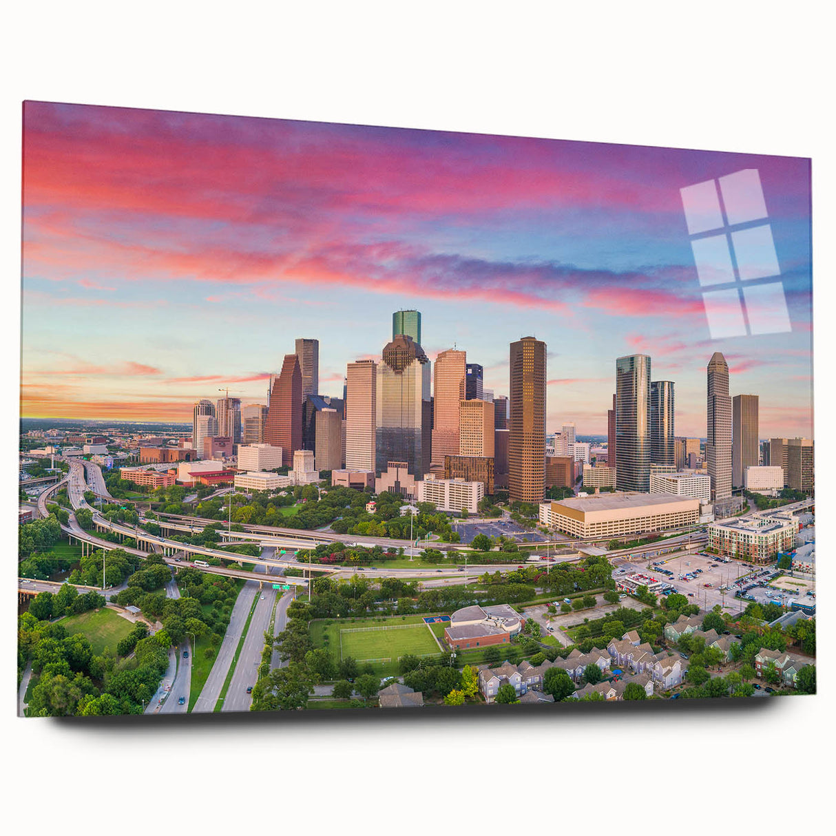 Large abstract depiction of Houston skyline in muted blue and gray tones on acrylic glass.