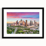 Abstract art print of Houston skyline in vibrant colors on a textured, extra large canvas, ideal for living room decor.
