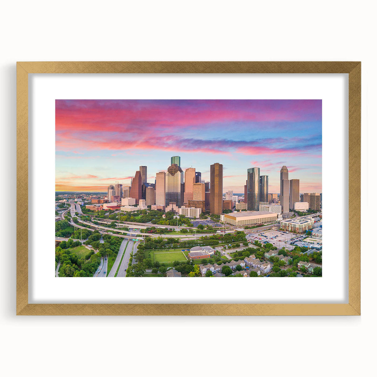 Extra large abstract art print of Houston skyline in textured gold frame, ideal for living room decor.