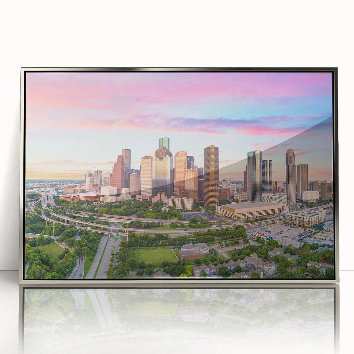 Mid-century modernist art of Houston skyline in muted gray and blue tones on a framed acrylic print.