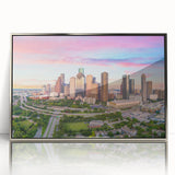 Mid-century modernist art of Houston skyline in muted gray and blue tones on a framed acrylic print.