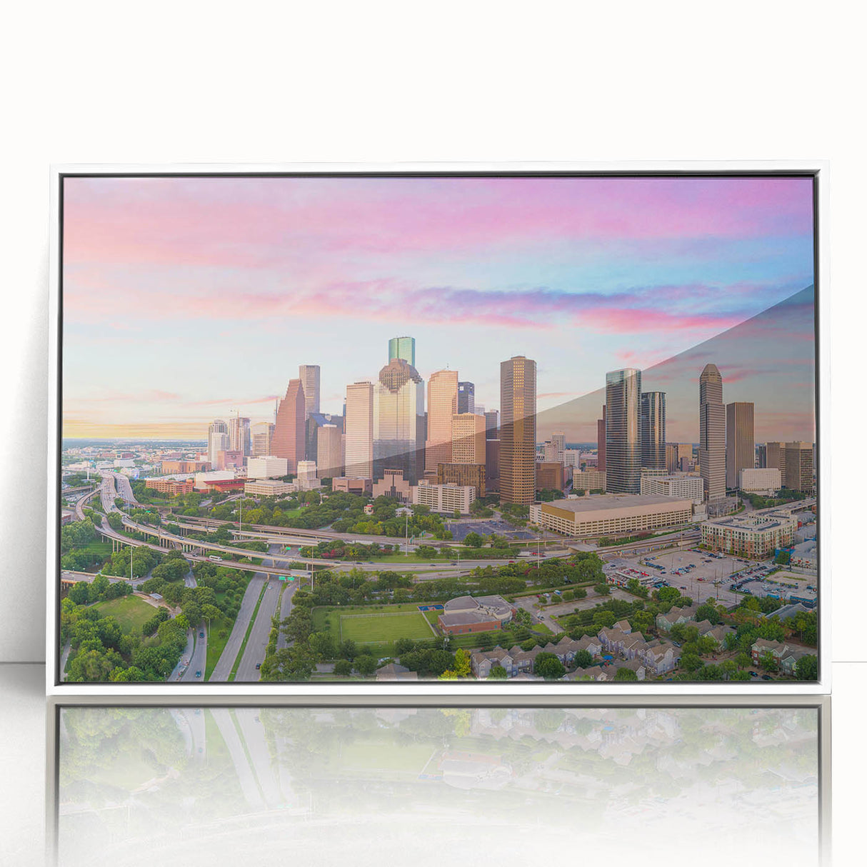 Acrylic print of Houston skyline in art deco style, with muted gray and blue tones, ideal for modern art wall decor.