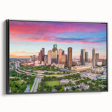 Black and white framed canvas of Houston skyline, ideal for bedroom wall art, featuring a vintage poster style.