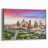 Framed canvas featuring a vintage-style landscape painting of Houston, Texas, with muted gold and black tones.