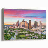Framed canvas featuring a vintage-style landscape art painting of Houston, Texas, in colorful and black tones.